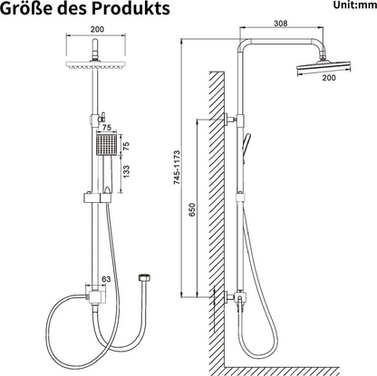 Rynx | Shower system Black Rain shower Shower set without faucet with overhead shower Hand shower Shower column Shower system with diverter angular Shower column for bathroom, black