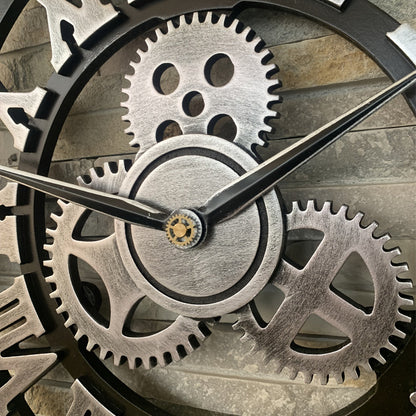 Rynx | Oversized Silver Roman Gear Wall Clock - Silent Clock for Living Room, Office, and Kitchen Product Description