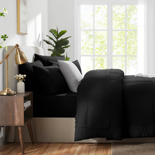 Rynx | 7 Pcs Bed In A Bag - Bedding Set with All Season Quilted Comforter, Flat Sheet, Fitted Sheet, Pillowcases - Black, Queen