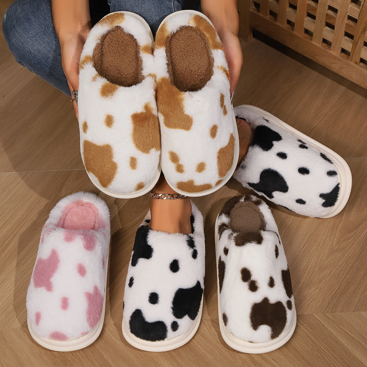 Rynx | Shady Cow Print Plush Slippers for Couples - Cozy Anti-Slip Soft Home Shoes for Winter