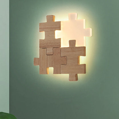 Rynx | Beige Jigsaw Puzzle Wall Recessed Light Nordic LED Wood Wall Mount Lamp in White/Warm Light