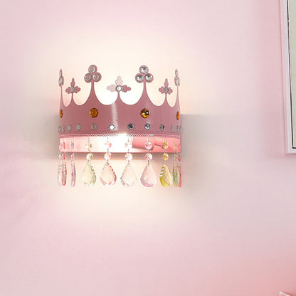 Rynx | Crown Wall Light Cartoon Iron LED Pink/Silver Wall Mount Light with Crystal Drop Decor