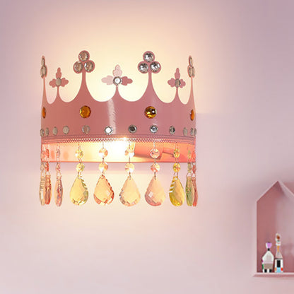 Rynx | Crown Wall Light Cartoon Iron LED Pink/Silver Wall Mount Light with Crystal Drop Decor