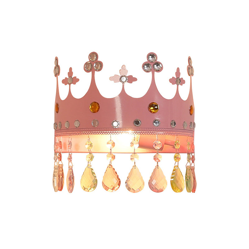 Rynx | Crown Wall Light Cartoon Iron LED Pink/Silver Wall Mount Light with Crystal Drop Decor