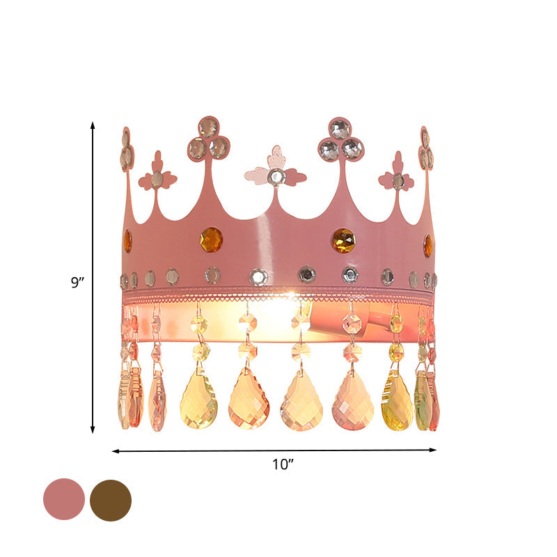 Rynx | Crown Wall Light Cartoon Iron LED Pink/Silver Wall Mount Light with Crystal Drop Decor