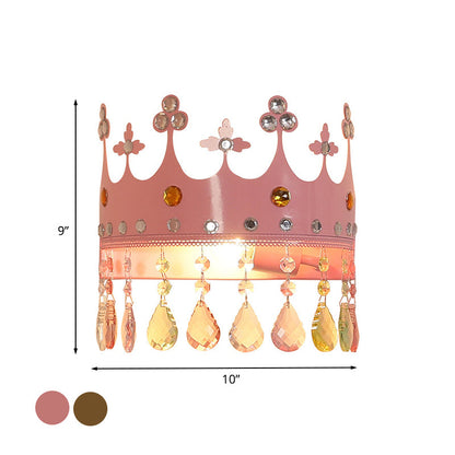 Rynx | Crown Wall Light Cartoon Iron LED Pink/Silver Wall Mount Light with Crystal Drop Decor
