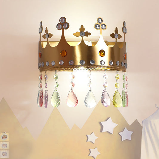 Rynx | Crown Wall Light Cartoon Iron LED Pink/Silver Wall Mount Light with Crystal Drop Decor