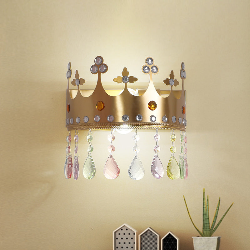 Rynx | Crown Wall Light Cartoon Iron LED Pink/Silver Wall Mount Light with Crystal Drop Decor