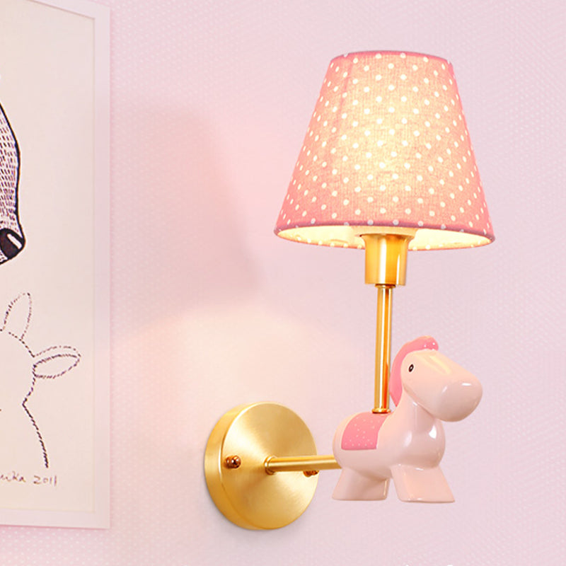 Rynx | Blue/Pink Trojan Horse Wall Lamp Kids 1 Head Resin LED Wall Lamp with Barrels Star/Dot Fabric Shade