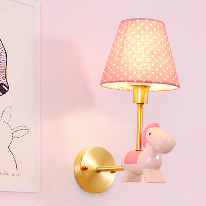 Rynx | Blue/Pink Trojan Horse Wall Lamp Kids 1 Head Resin LED Wall Lamp with Barrels Star/Dot Fabric Shade