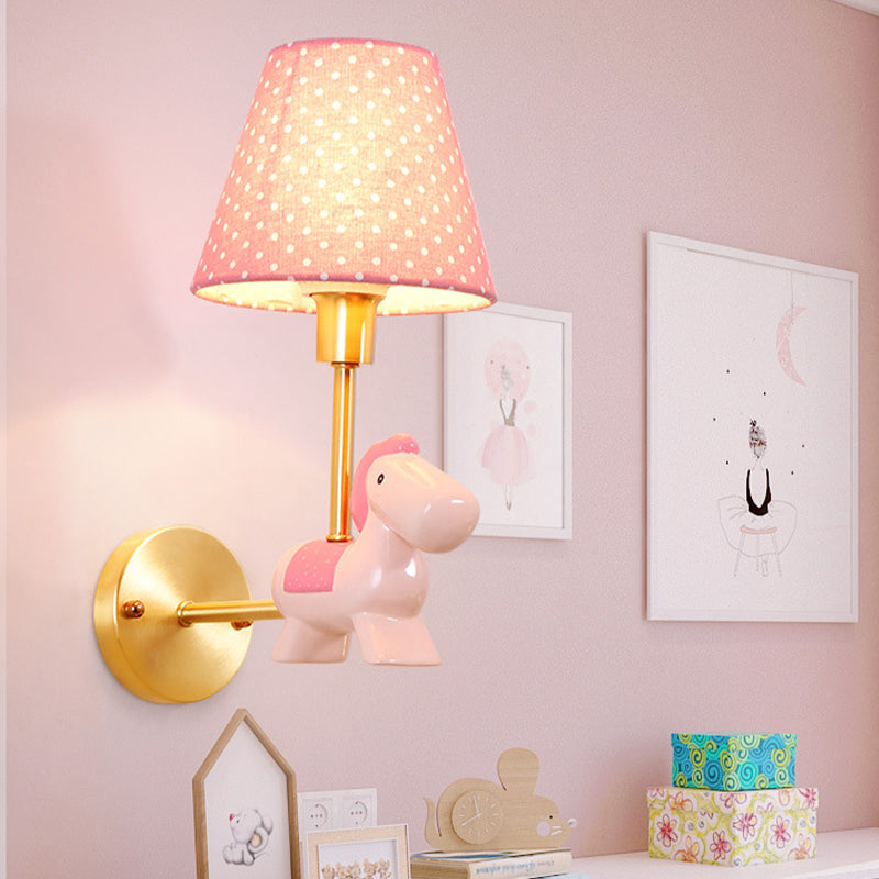 Rynx | Blue/Pink Trojan Horse Wall Lamp Kids 1 Head Resin LED Wall Lamp with Barrels Star/Dot Fabric Shade