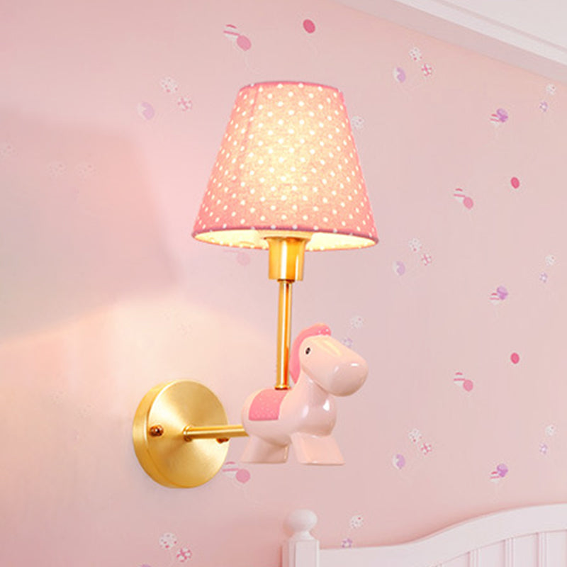 Rynx | Blue/Pink Trojan Horse Wall Lamp Kids 1 Head Resin LED Wall Lamp with Barrels Star/Dot Fabric Shade