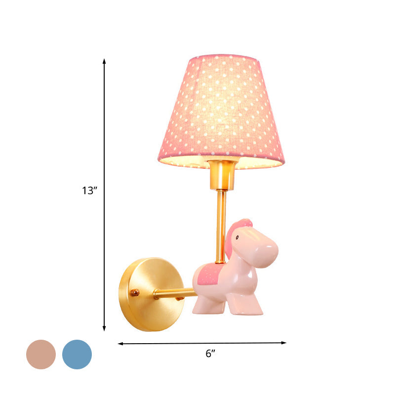 Rynx | Blue/Pink Trojan Horse Wall Lamp Kids 1 Head Resin LED Wall Lamp with Barrels Star/Dot Fabric Shade