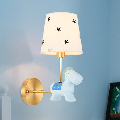 Rynx | Blue/Pink Trojan Horse Wall Lamp Kids 1 Head Resin LED Wall Lamp with Barrels Star/Dot Fabric Shade