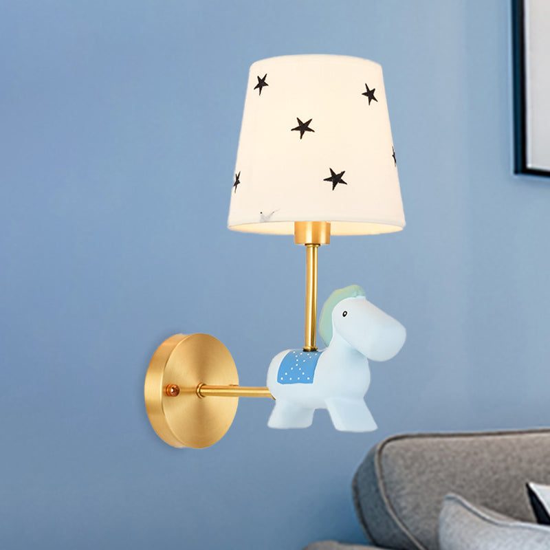 Rynx | Blue/Pink Trojan Horse Wall Lamp Kids 1 Head Resin LED Wall Lamp with Barrels Star/Dot Fabric Shade