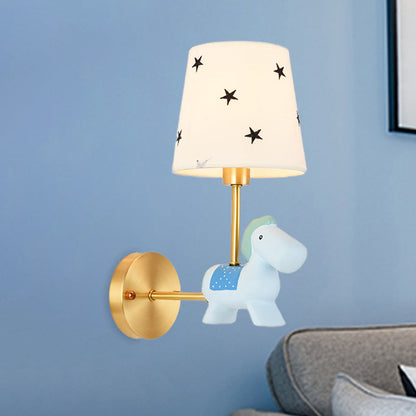 Rynx | Blue/Pink Trojan Horse Wall Lamp Kids 1 Head Resin LED Wall Lamp with Barrels Star/Dot Fabric Shade