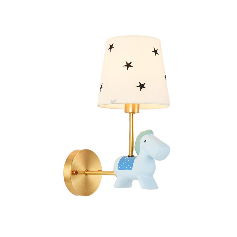 Rynx | Blue/Pink Trojan Horse Wall Lamp Kids 1 Head Resin LED Wall Lamp with Barrels Star/Dot Fabric Shade