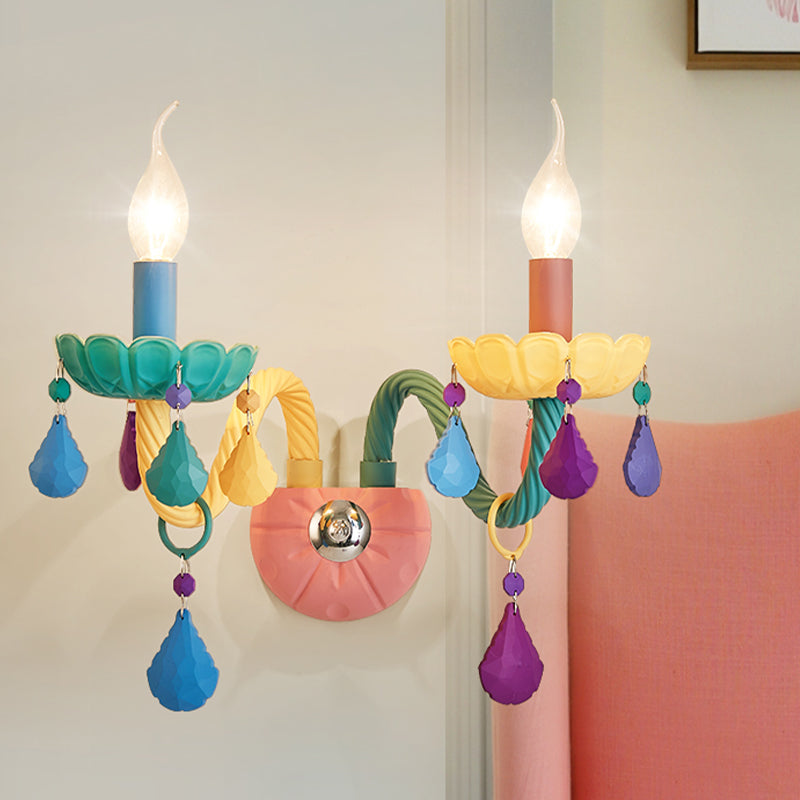 Rynx | Cartoon Candle Wall Lamp Crystal 1/2-Ball Bedside Wall Sconces in Pink with Drop Deco