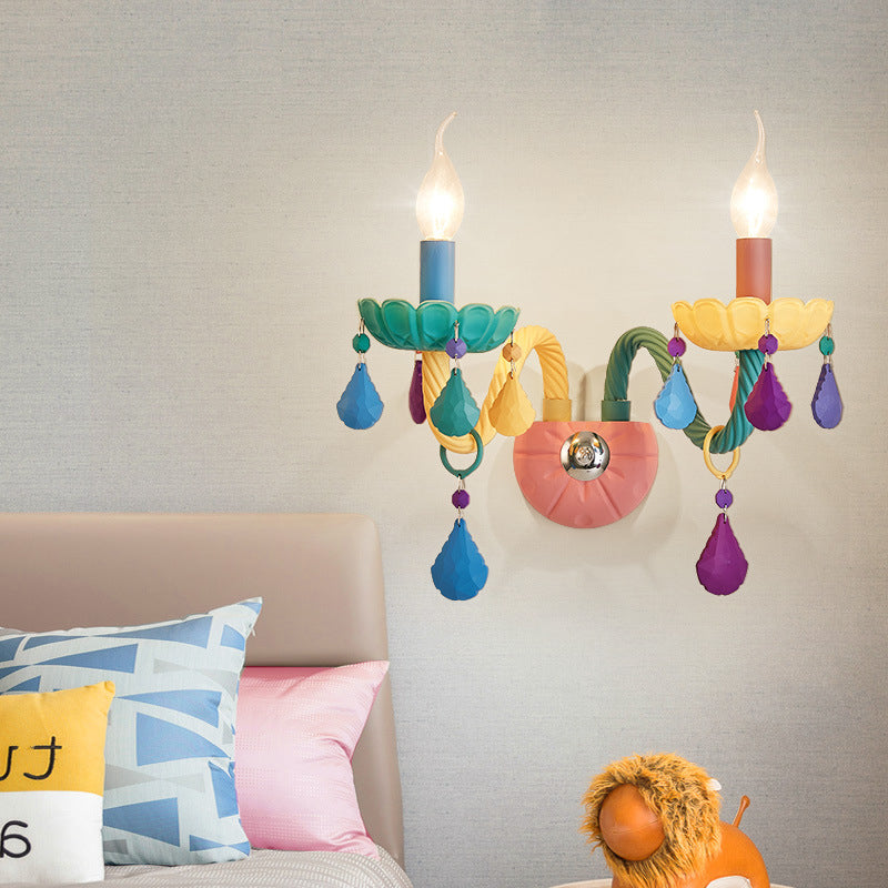 Rynx | Cartoon Candle Wall Lamp Crystal 1/2-Ball Bedside Wall Sconces in Pink with Drop Deco