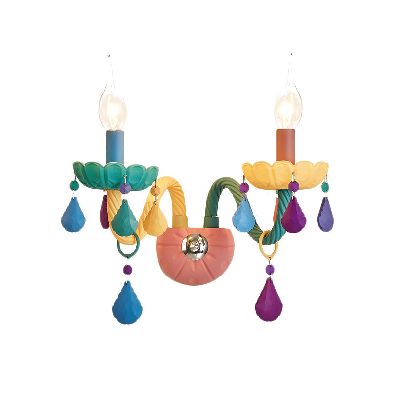 Rynx | Cartoon Candle Wall Lamp Crystal 1/2-Ball Bedside Wall Sconces in Pink with Drop Deco