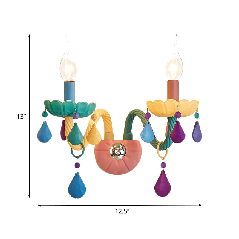 Rynx | Cartoon Candle Wall Lamp Crystal 1/2-Ball Bedside Wall Sconces in Pink with Drop Deco