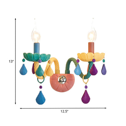 Rynx | Cartoon Candle Wall Lamp Crystal 1/2-Ball Bedside Wall Sconces in Pink with Drop Deco