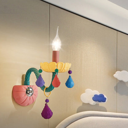 Rynx | Cartoon Candle Wall Lamp Crystal 1/2-Ball Bedside Wall Sconces in Pink with Drop Deco