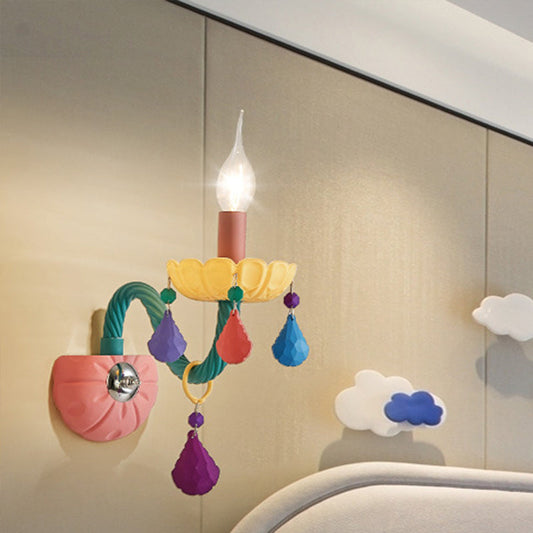 Rynx | Cartoon Candle Wall Lamp Crystal 1/2-Ball Bedside Wall Sconces in Pink with Drop Deco