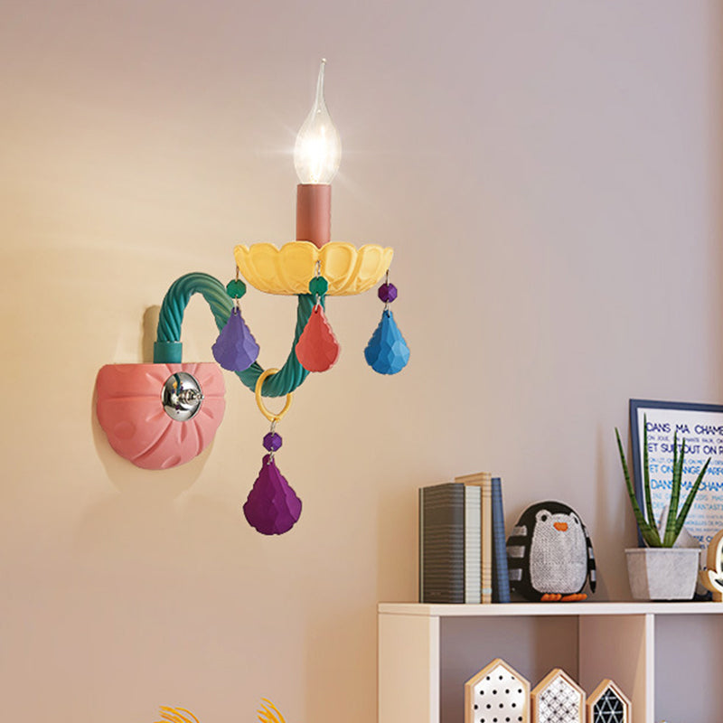 Rynx | Cartoon Candle Wall Lamp Crystal 1/2-Ball Bedside Wall Sconces in Pink with Drop Deco