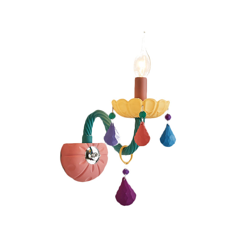 Rynx | Cartoon Candle Wall Lamp Crystal 1/2-Ball Bedside Wall Sconces in Pink with Drop Deco