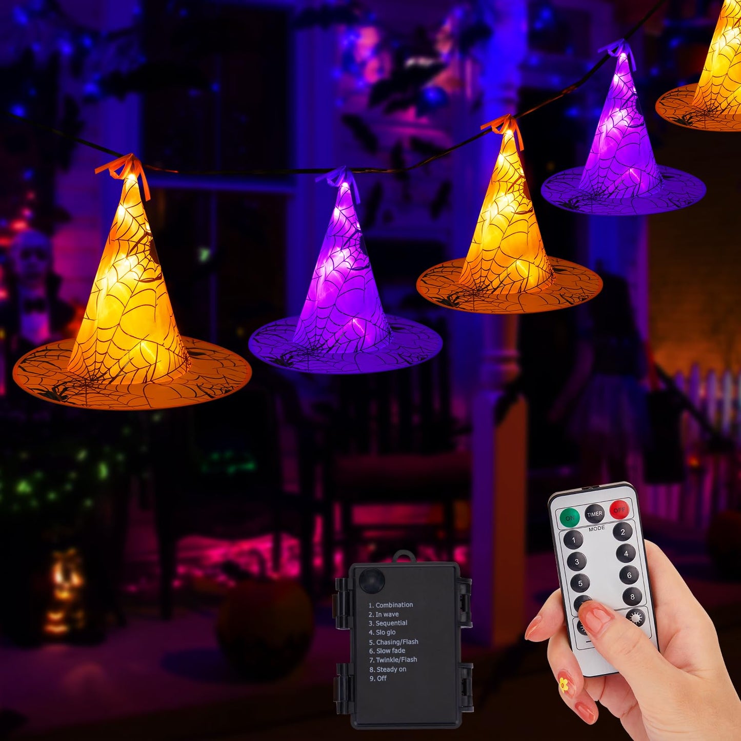 Rynx | Minetom Halloween Witch Hat Light, 56 LED Purple & Orange, Battery-Powered with Remote Control & Timer