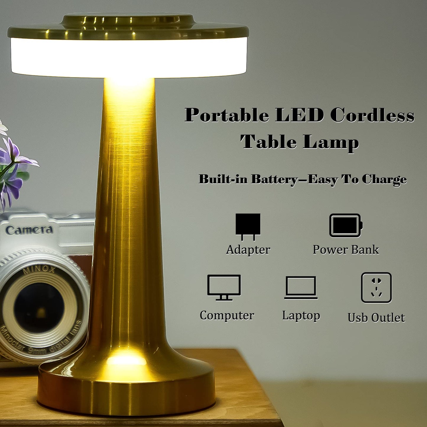 Rynx | Riakrum LED Table Lamp Set of 2, Touch Sensor, 3 Color Dimming, Rechargeable, Gold