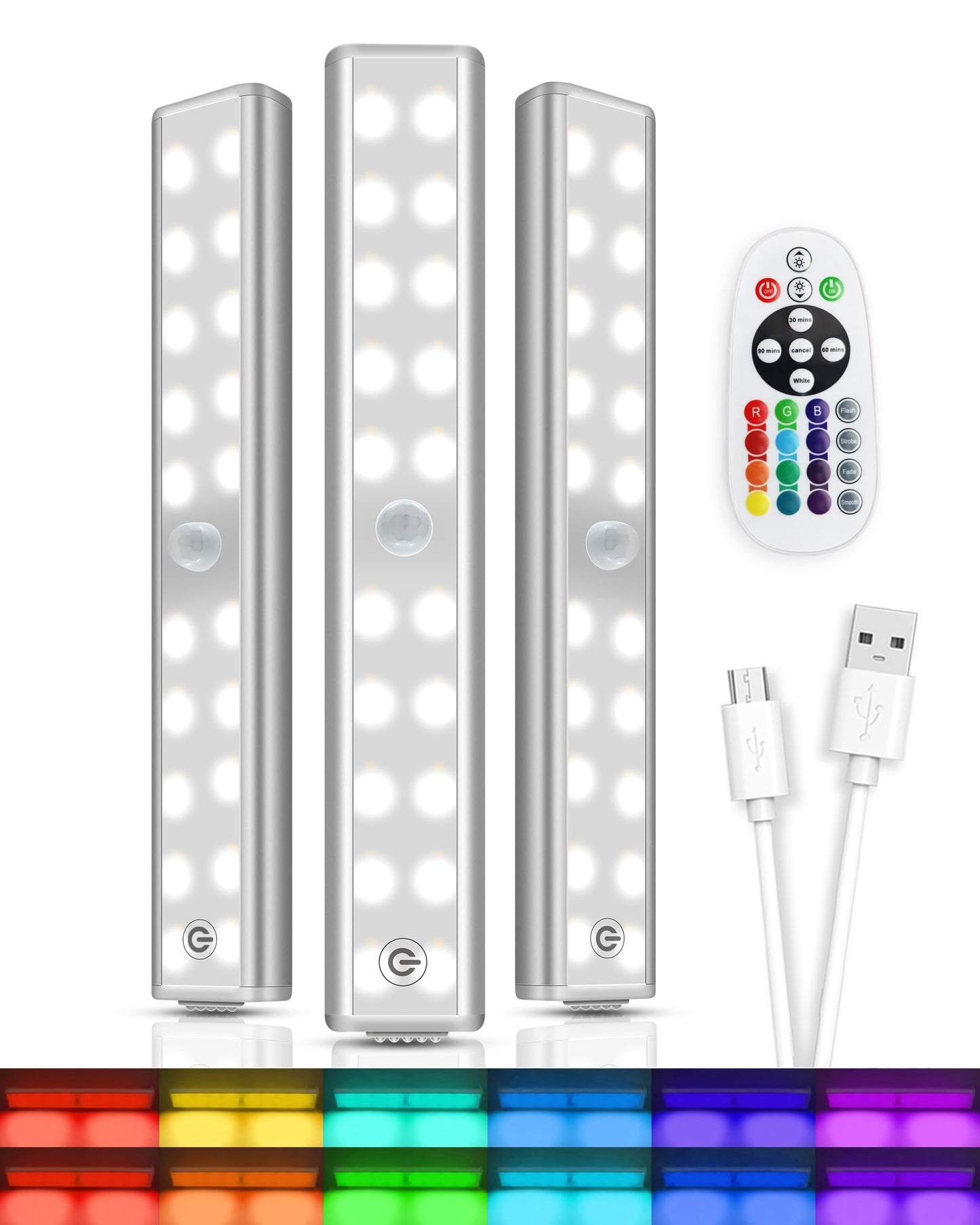 Rynx | Long-Stars Under Cabinet Light, Wireless Rechargeable Led Rgb Under Bench Light Bar 3 Packs 48 Led 15 Color Temperatures Dimmable With Remote Shelf Kitchen Closet Bedroom Light
