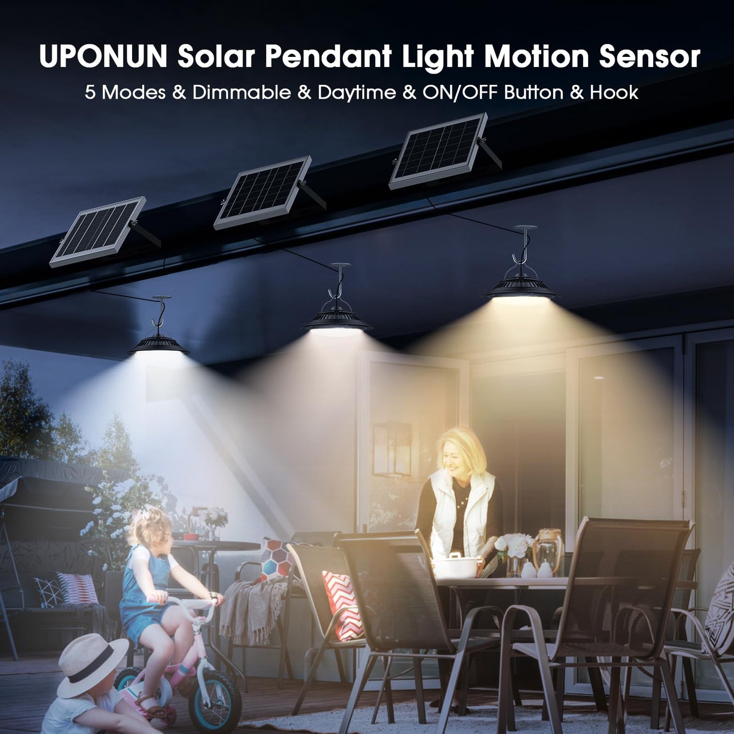 Rynx | Uponun Solar Pendant Lamps with Motion Sensor, 5 Modes Dimmable, Waterproof for Indoor/Outdoor