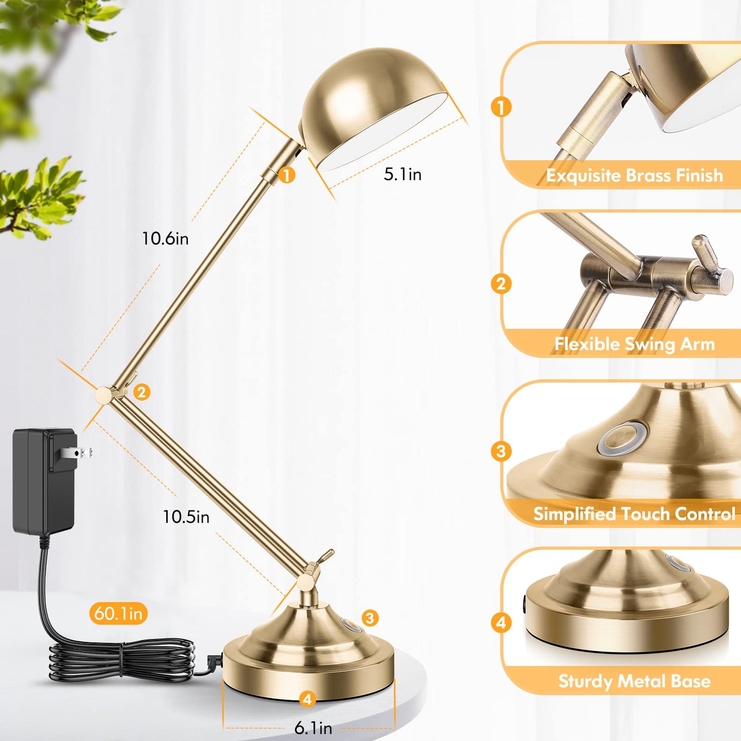Rynx | Tobusa Gold Dimmable Desk Lamp With USB Port, Touch Control, 3 Color Modes, Brass Retro Style