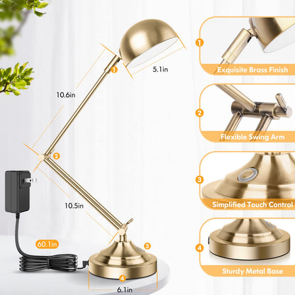 Rynx | Tobusa Gold Dimmable Desk Lamp With USB Port, Touch Control, 3 Color Modes, Brass Retro Style