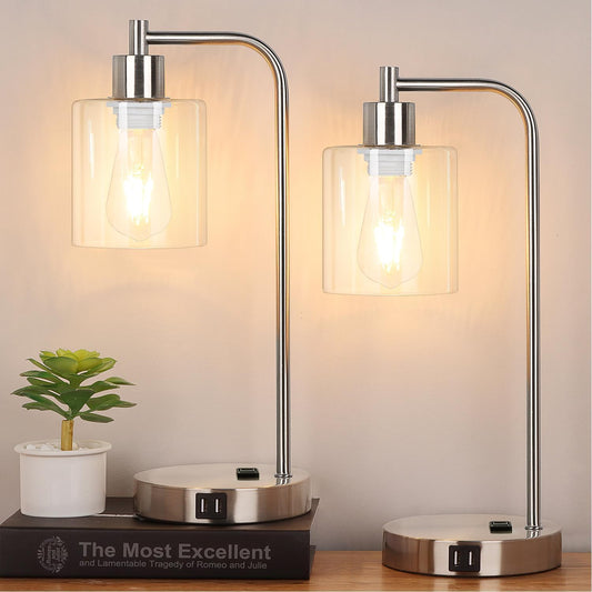 Rynx | Industrial Touch Control Table Lamps Set of 2 - Brushed Nickel Nightstand Lamps with 2 USB Ports & AC Outlet, 3-Level Dimming