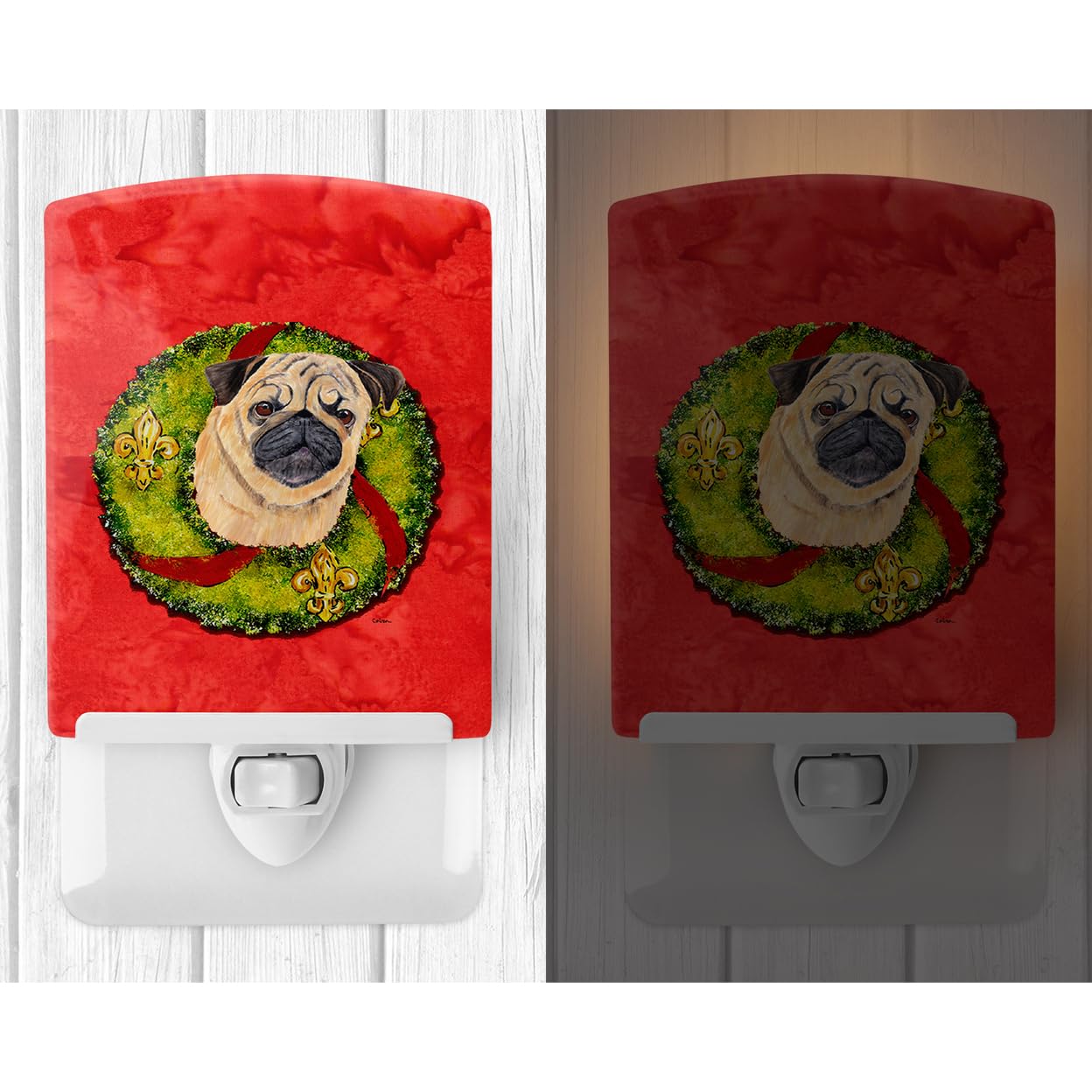 Rynx | Caroline's Treasures Pug Christmas Wreath Night Light, Ceramic, Wool-Certified, 6X4X3, Mult