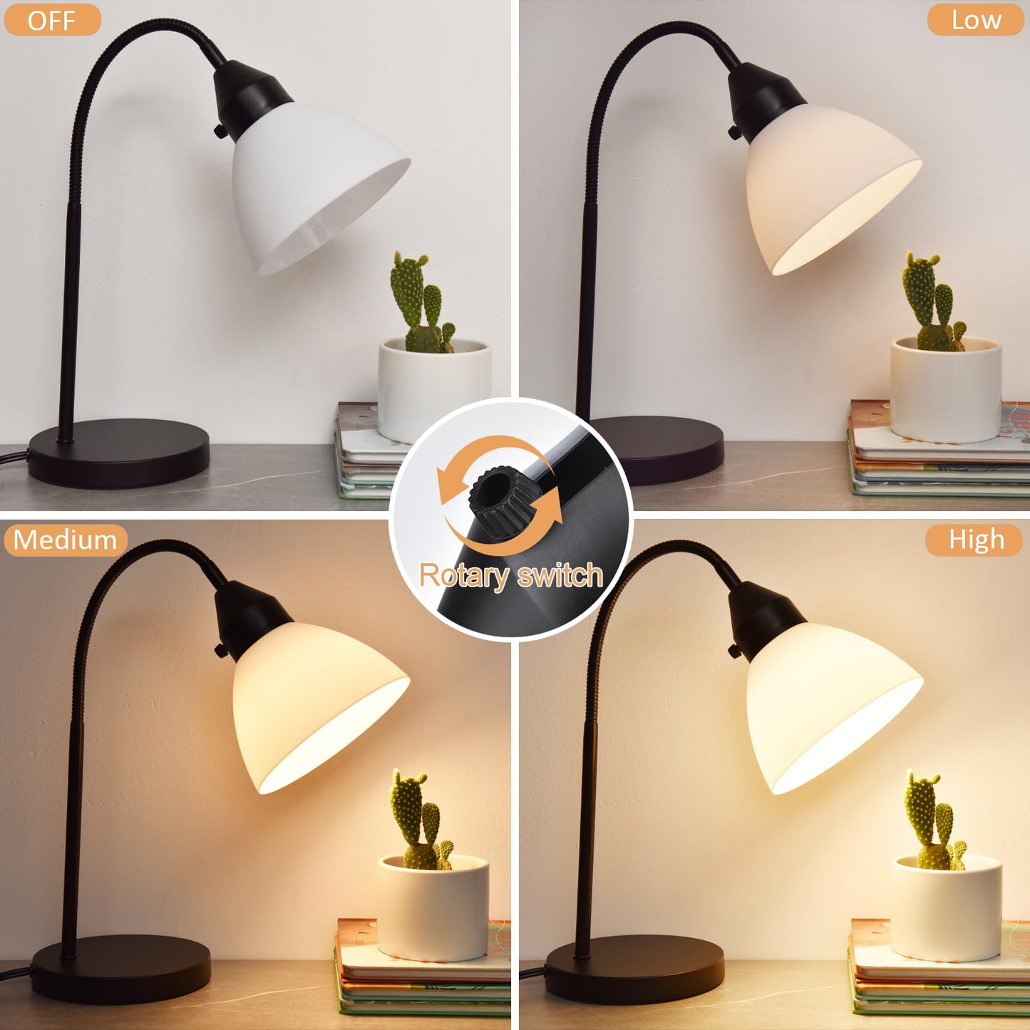 Rynx | Rislg Led Desk Lamp - 3 Levels Dimmable, Flexible Goose Neck Swing, Rotary Switch, Light Bulb Included, Black
