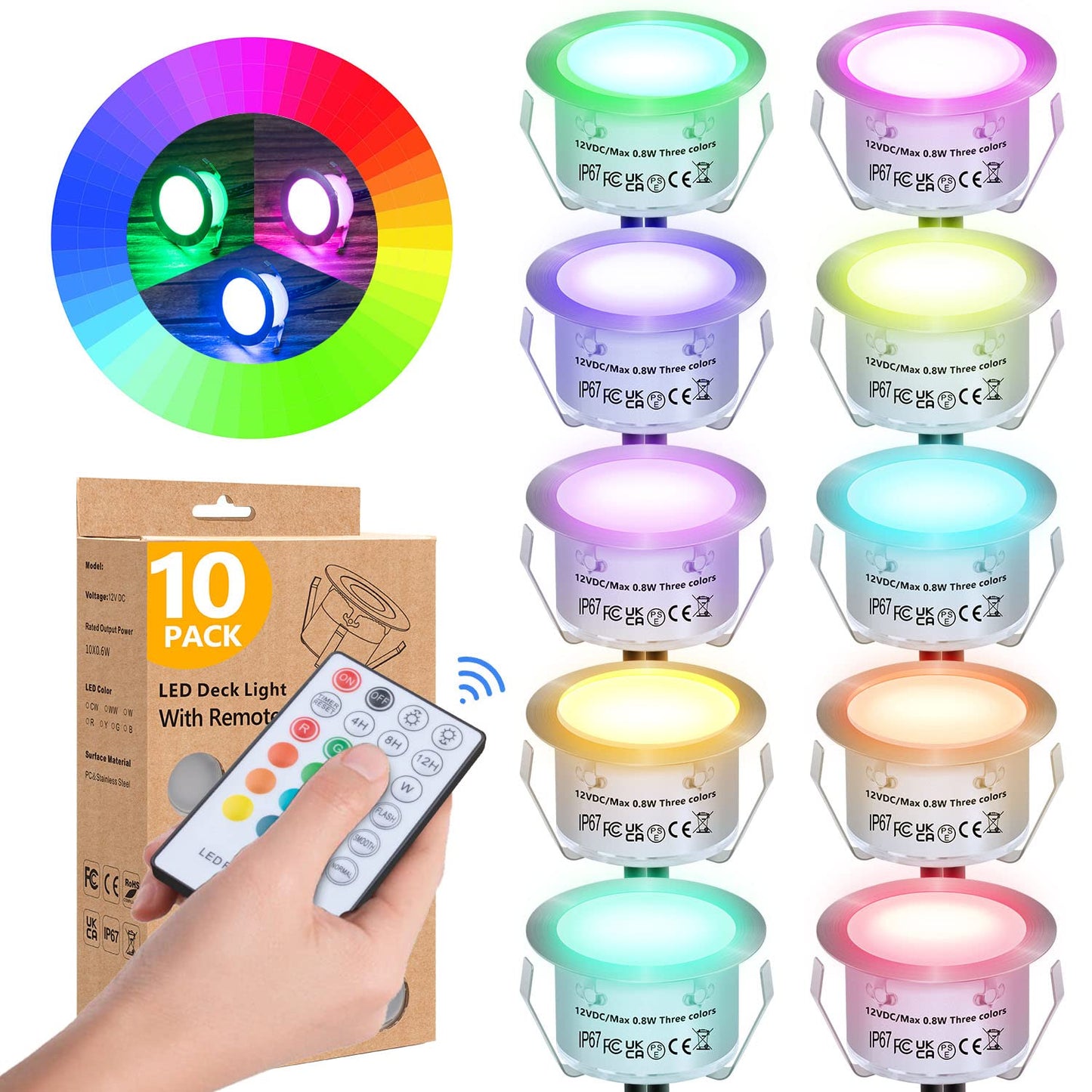 Rynx | Hiboitec 10 pcs low voltage recessed RGB fitting F42Mm with remote control, LED cover light set IP67 waterproof 12V low voltage