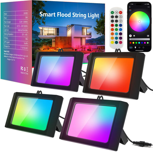 Rynx | Alfele 36W Rgbw Led Floodlight, Color-Changing Outdoor Lighting, Remote Control, Ip66, 4 Pack