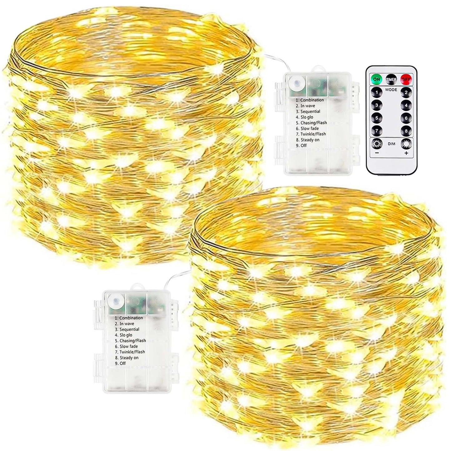 Rynx | 2-Pack Celebration Light Battery Operated With Remote Control, Waterproof 10M 100 Led Battery Light Chains Outdoor Indoor, 8 Mode Flashing Lights With Timer For Bedroom Classroom Diy Christmas Decor (Warm White)