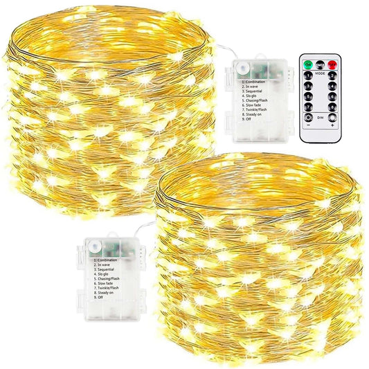 Rynx | 2-Pack Celebration Light Battery Operated With Remote Control, Waterproof 10M 100 Led Battery Light Chains Outdoor Indoor, 8 Mode Flashing Lights With Timer For Bedroom Classroom Diy Christmas Decor (Warm White)