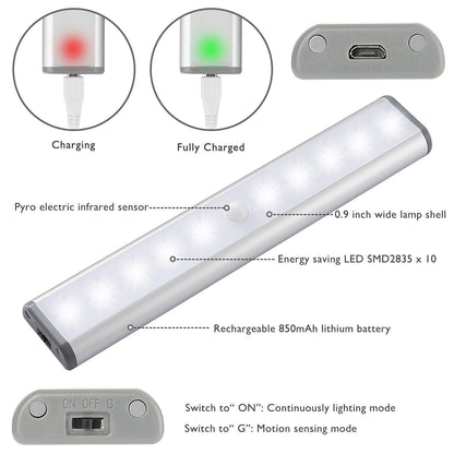 Rynx | Lepotec Wireless Motion Sensor Cabinet Light, 10-LED USB Rechargeable, 2 Pack, White Light
