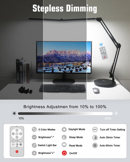 Rynx | Toolour LED Desk Lamp, 2-in-1 Double Head, Dimmable, Clamp, Remote Control, Black