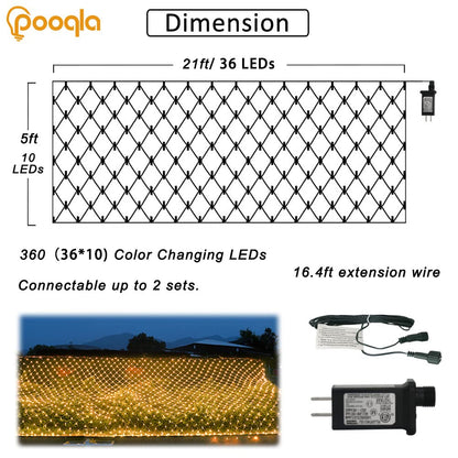 Rynx | Pooqla Warm White 360 LED Christmas Net Lights, 21Ft X 5Ft, 8 Modes For Outdoor Decor