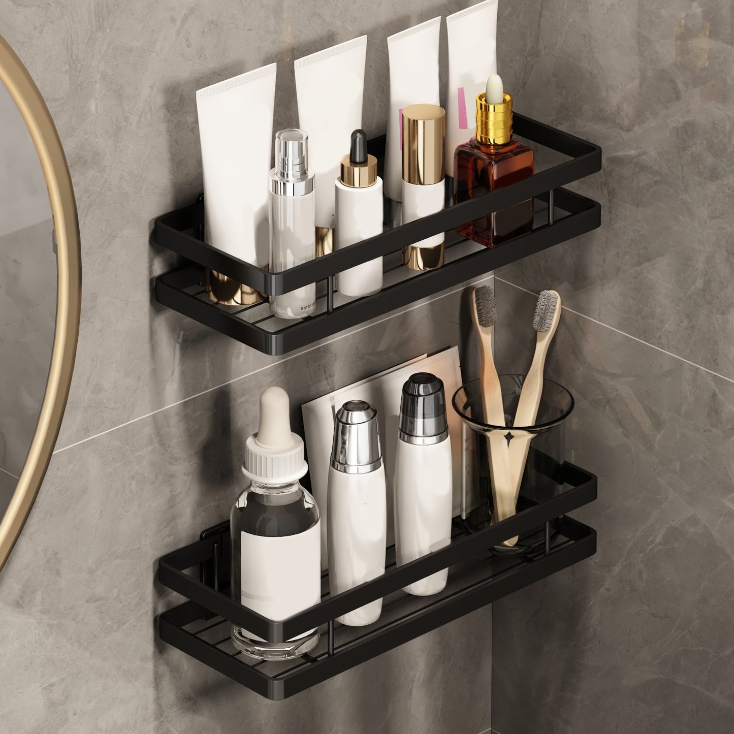 Rynx | 2-piece bathroom shelf made of matte black metal bathroom hardware set