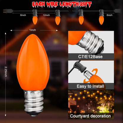 Rynx | Konictom 25Ft Orange Led Light Chains, Waterproof C7 Bulbs For Halloween & Holiday Decor