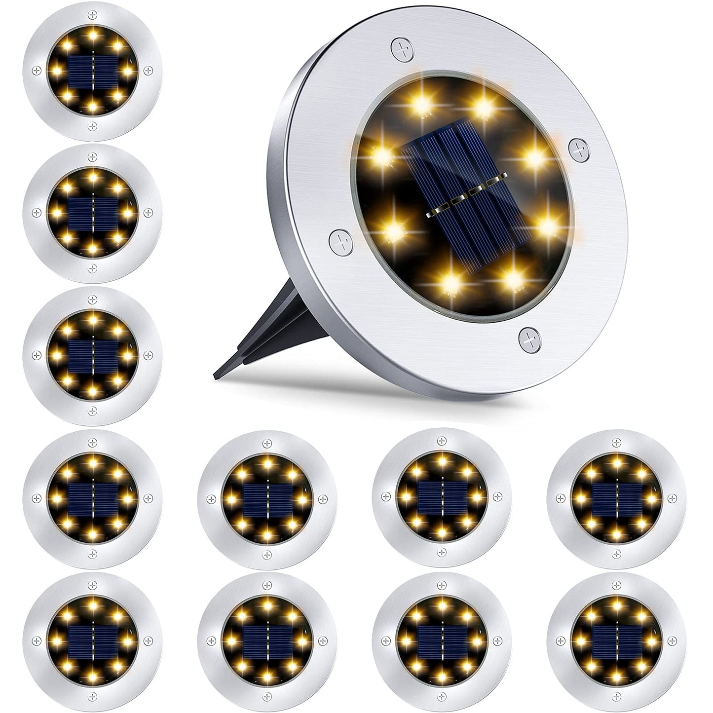 Rynx | 12 Pack 8Led Solar Garden Light Outdoor Waterproof Sidewalk Disk Light Strong In-Ground Landscape Lighting For Grass Patio Path Garden Steps Patio Walkway (Warm White) (12 Packs)