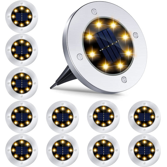 Rynx | 12 Pack 8Led Solar Garden Light Outdoor Waterproof Sidewalk Disk Light Strong In-Ground Landscape Lighting For Grass Patio Path Garden Steps Patio Walkway (Warm White) (12 Packs)